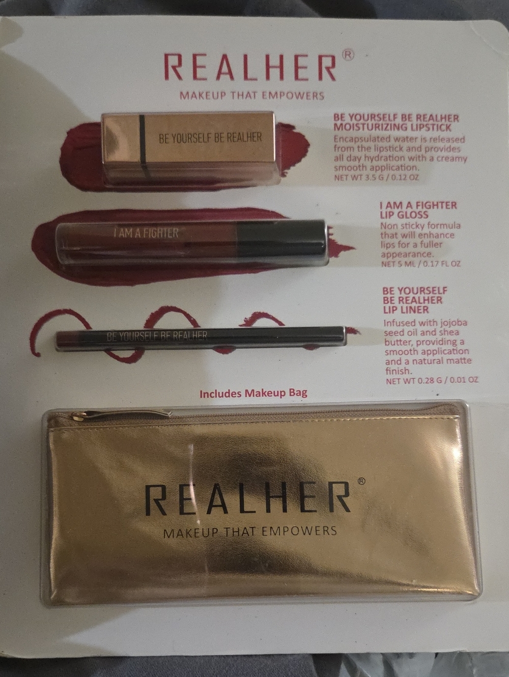 RealHer Lip Trio with Gold Makeup Bag - Deep Pink/Red Shades